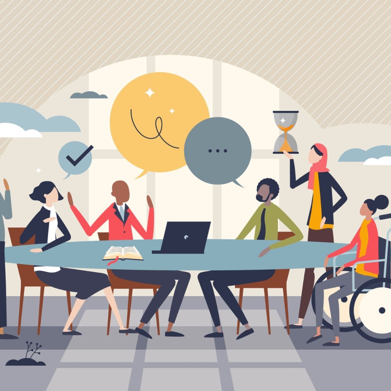 Illustration of six men and women of differnt colours sat aorund a table, one in a wheelchair and one with a scarf on with a latop on it with various plants, briefcases and general speech and thought bubbles giving the impression of a debate